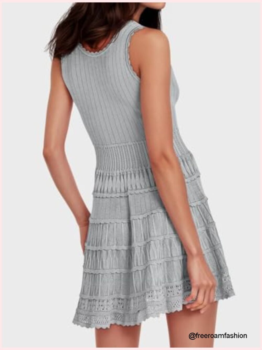 Womens Summer Mini Dress Casual Crewneck Knitted Crochet Hem Flowy Tank Sundress - Picture 6 of 7